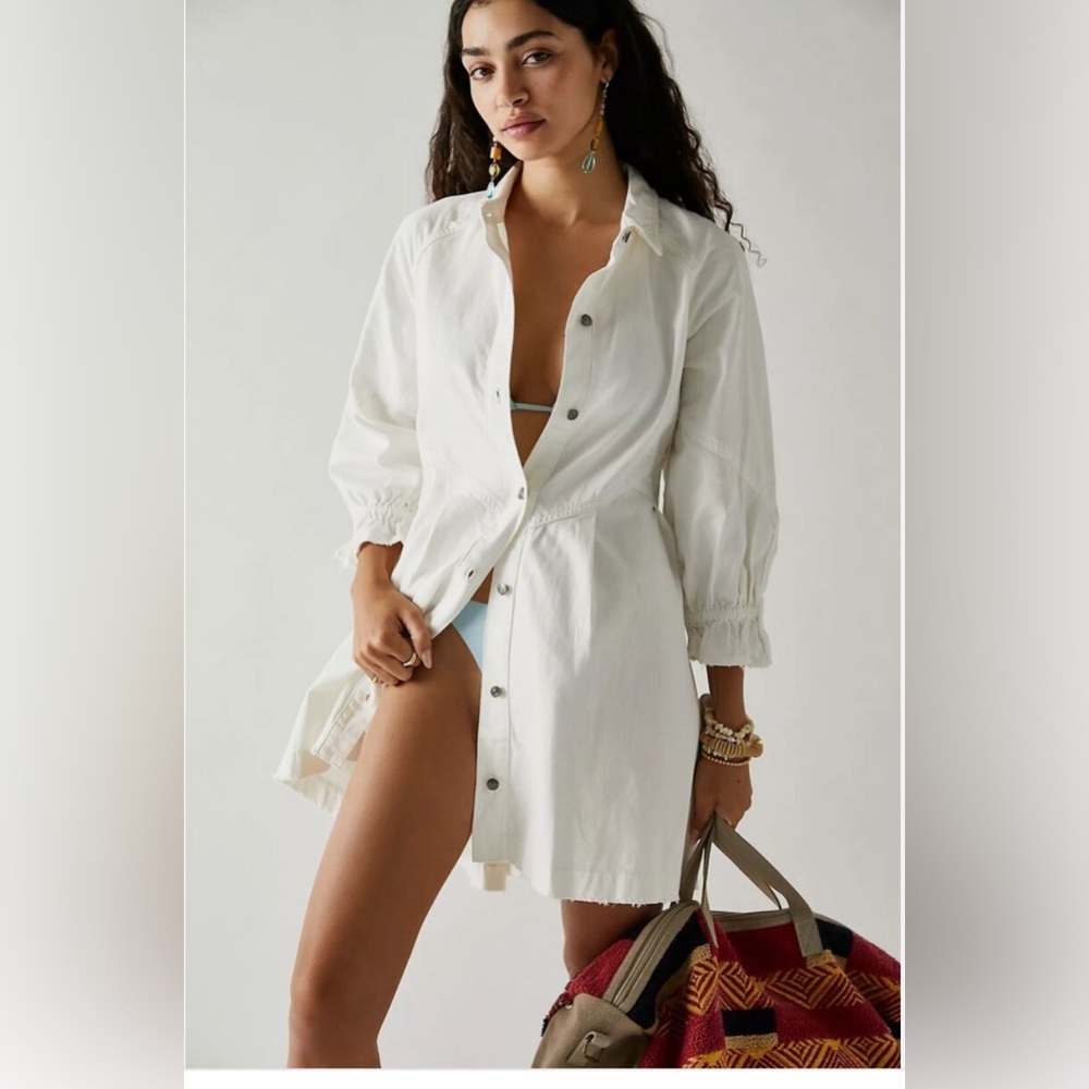 We the Free - Free People Hannah Poplin White Denim Mini Dress/Duster Size XL